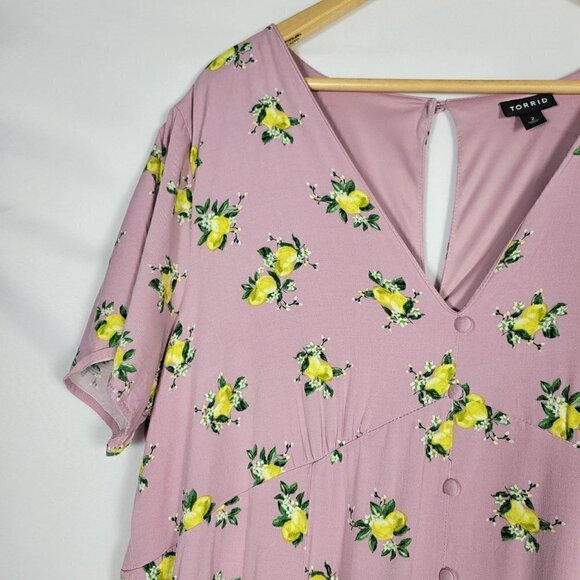 Torrid Midi Challis Dress Lavender, Lemon Pattern, Button Front Size 2x (18/20) - Picture 6 of 14